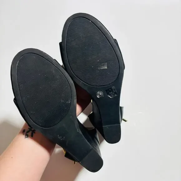 Chinese Laundry Black Wedge Heels with Bow and Ankle Strap - Picture 10 of 11